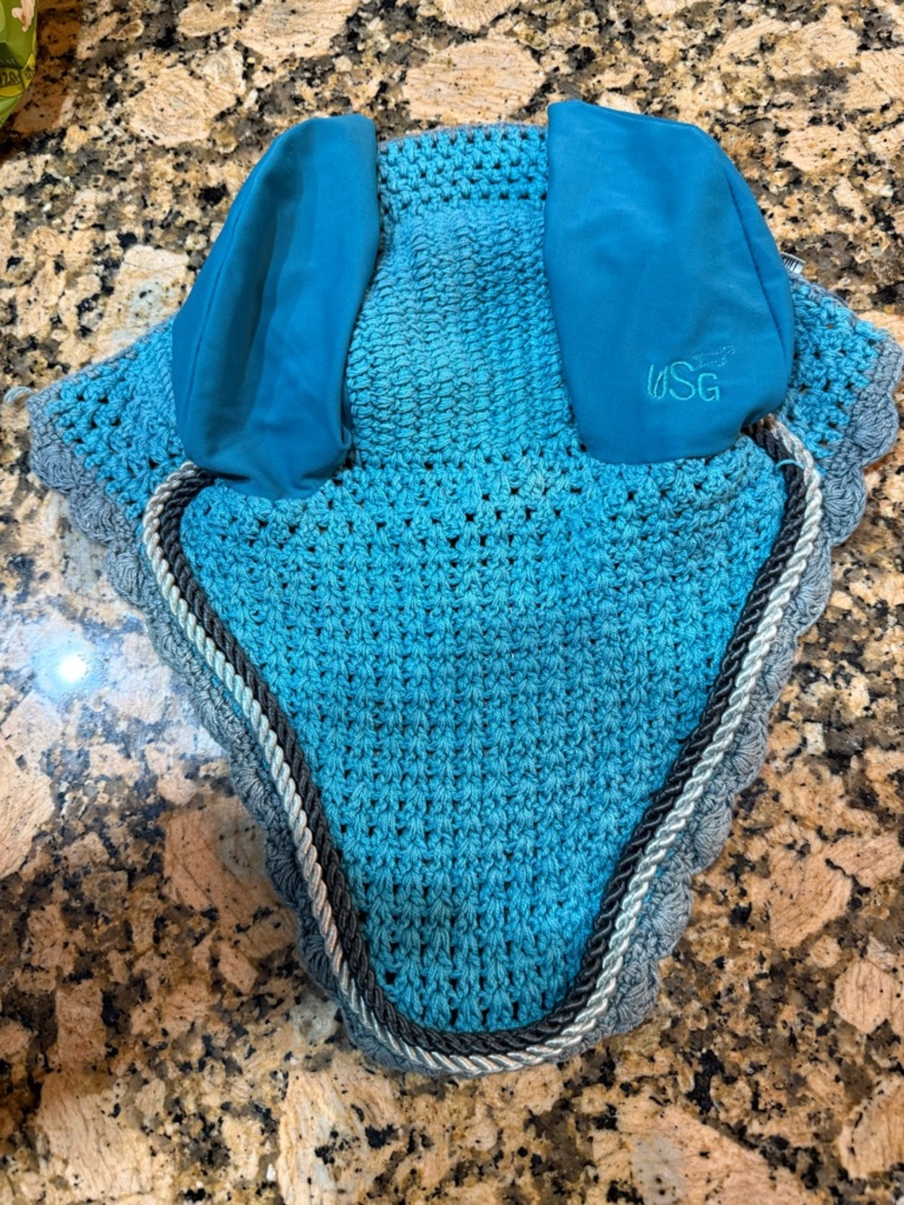 Turquoise Crochet Ear bonnet with Braided roped Trim horse full labeled